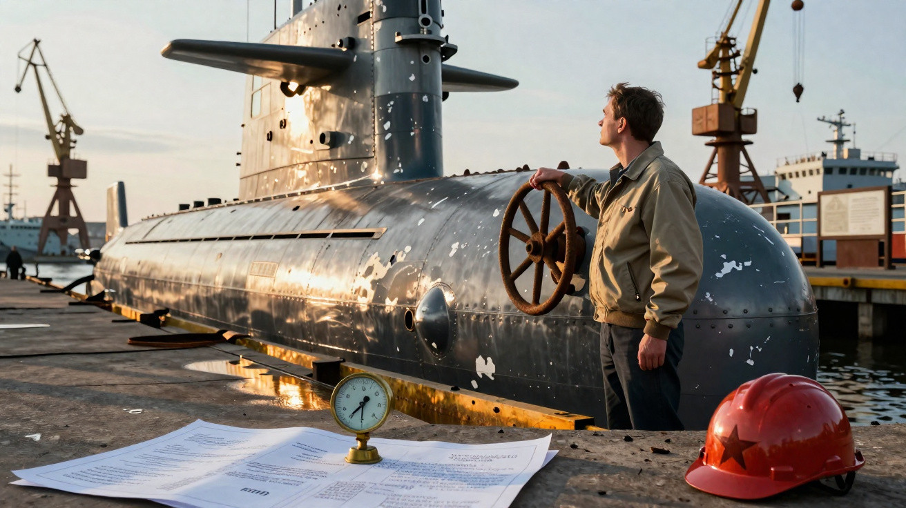 Homem junto a submarino na doca segurando volante, com capacete vermelho e papéis sobre o cais.