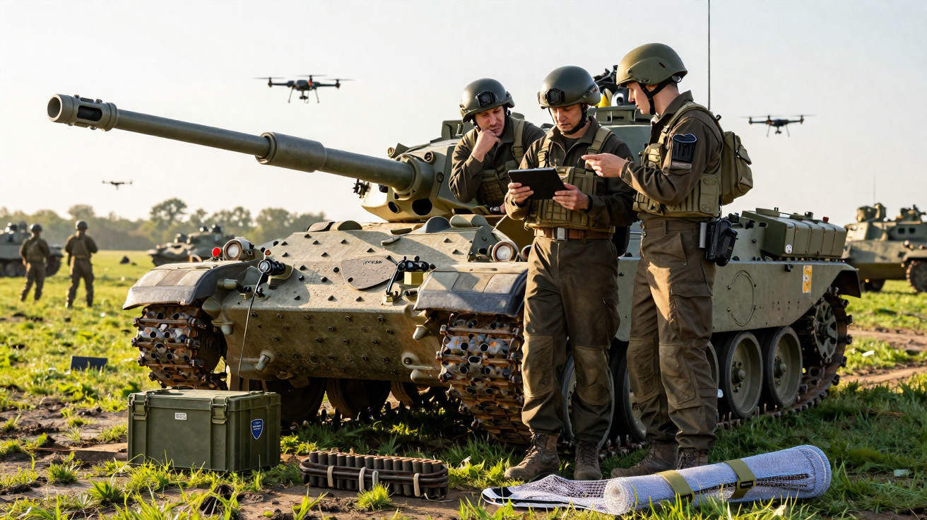 Três soldados conversam em frente a um tanque de guerra em campo aberto com drones ao fundo.