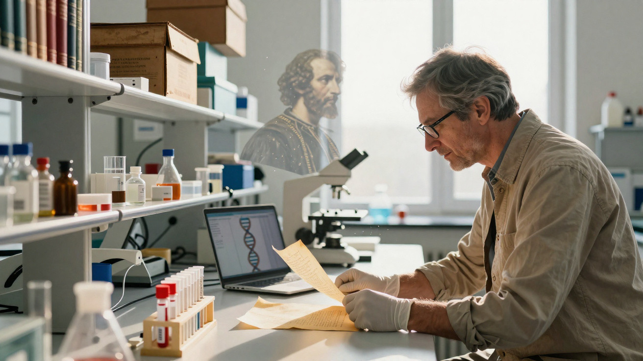 Cientista com luvas analisando documentos em laboratório com microscópio e laptop aberto exibindo DNA.