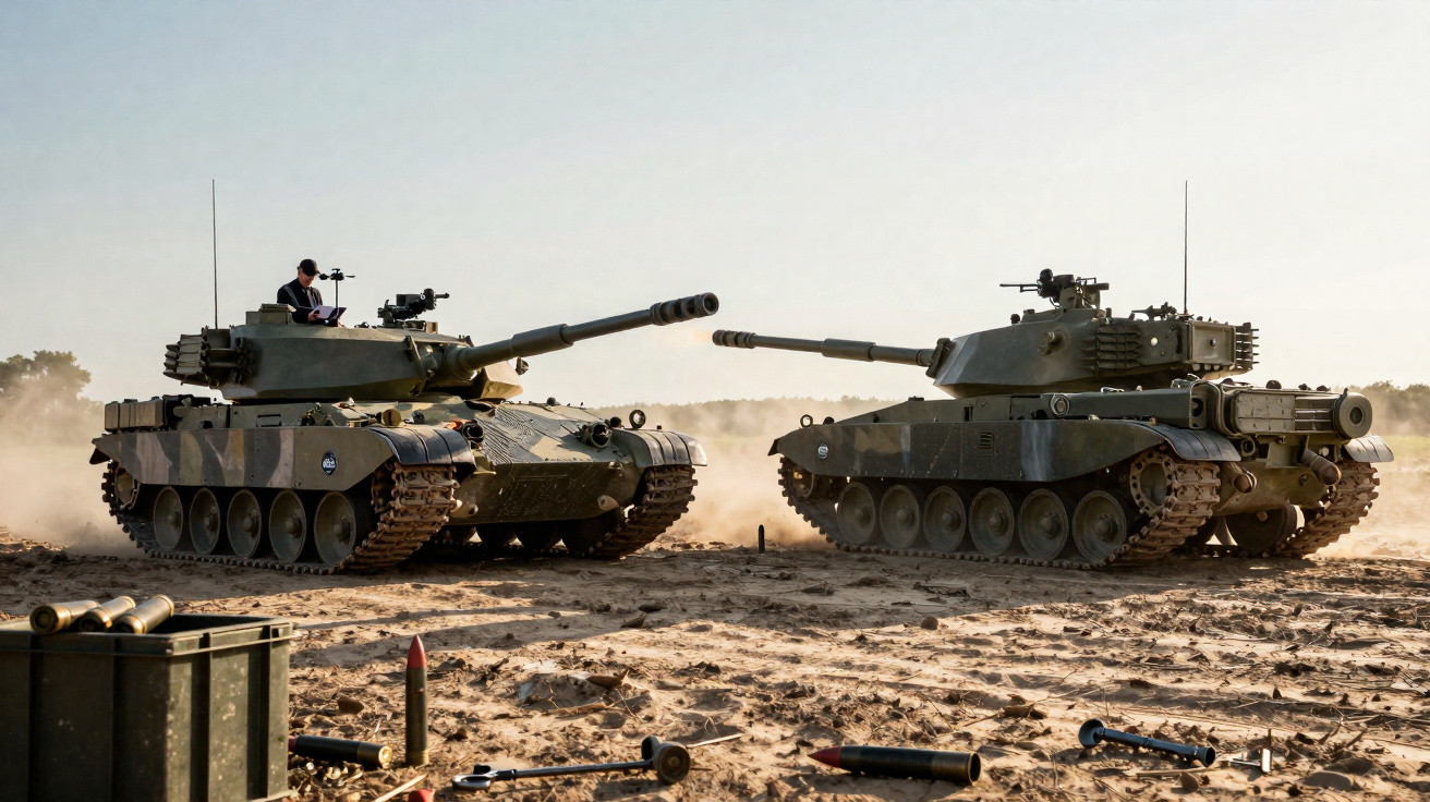 Dois tanques militares verdes em terreno arenoso com cápsulas e munições espalhadas.