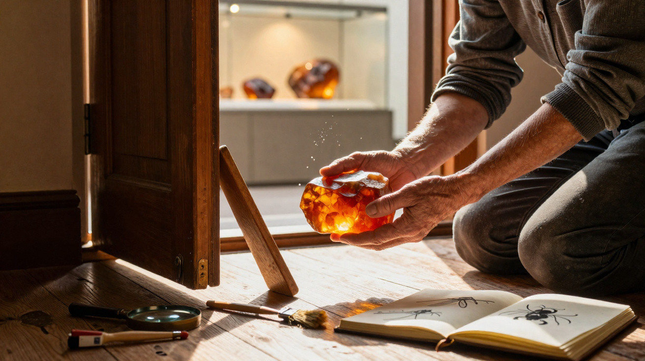 Pessoa segurando âmbar com insetos fossilizados, ao lado de livro aberto com desenhos de insetos e lupas.
