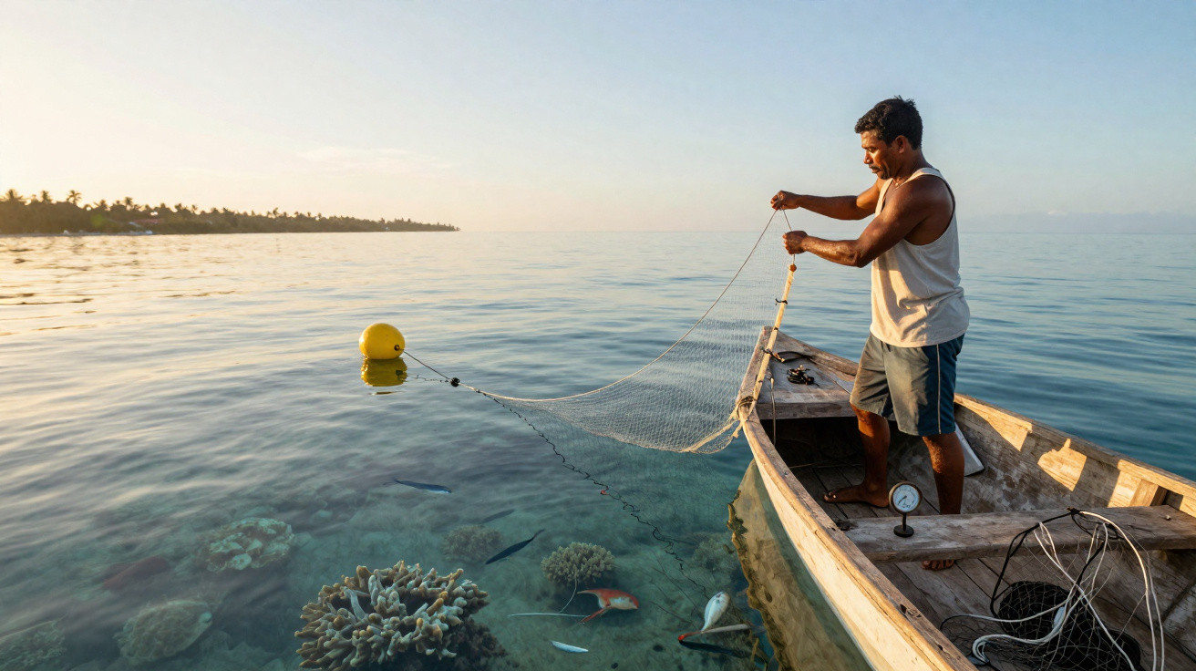 Homem com rede de pesca em barco sobre águas transparentes com corais e peixes ao amanhecer.