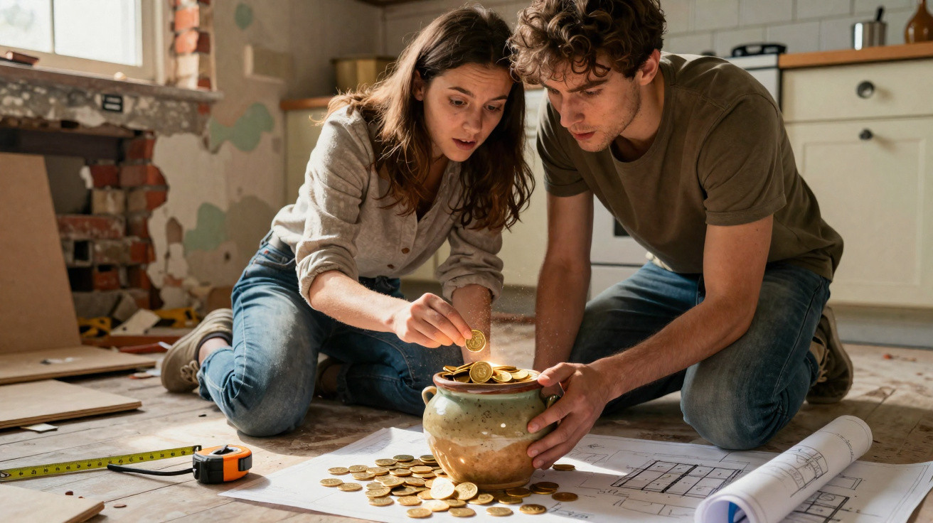 Casal jovem contando moedas em pote sobre plantas e materiais de construção no chão.