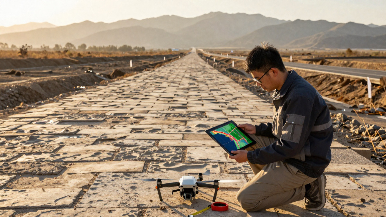 Homem usando tablet antes de pilotar drone em estrada de pedras com montanhas ao fundo.