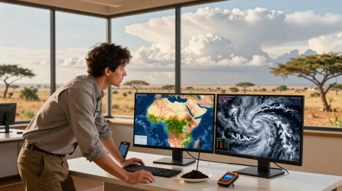 Homem observando dois monitores com mapas e imagens de satélite em sala com vista para savana africana.
