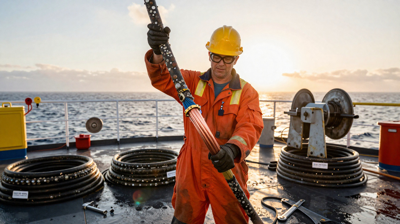 Trabalhador com macacão laranja e capacete amarelo manuseia cabo em plataforma offshore ao pôr do sol.