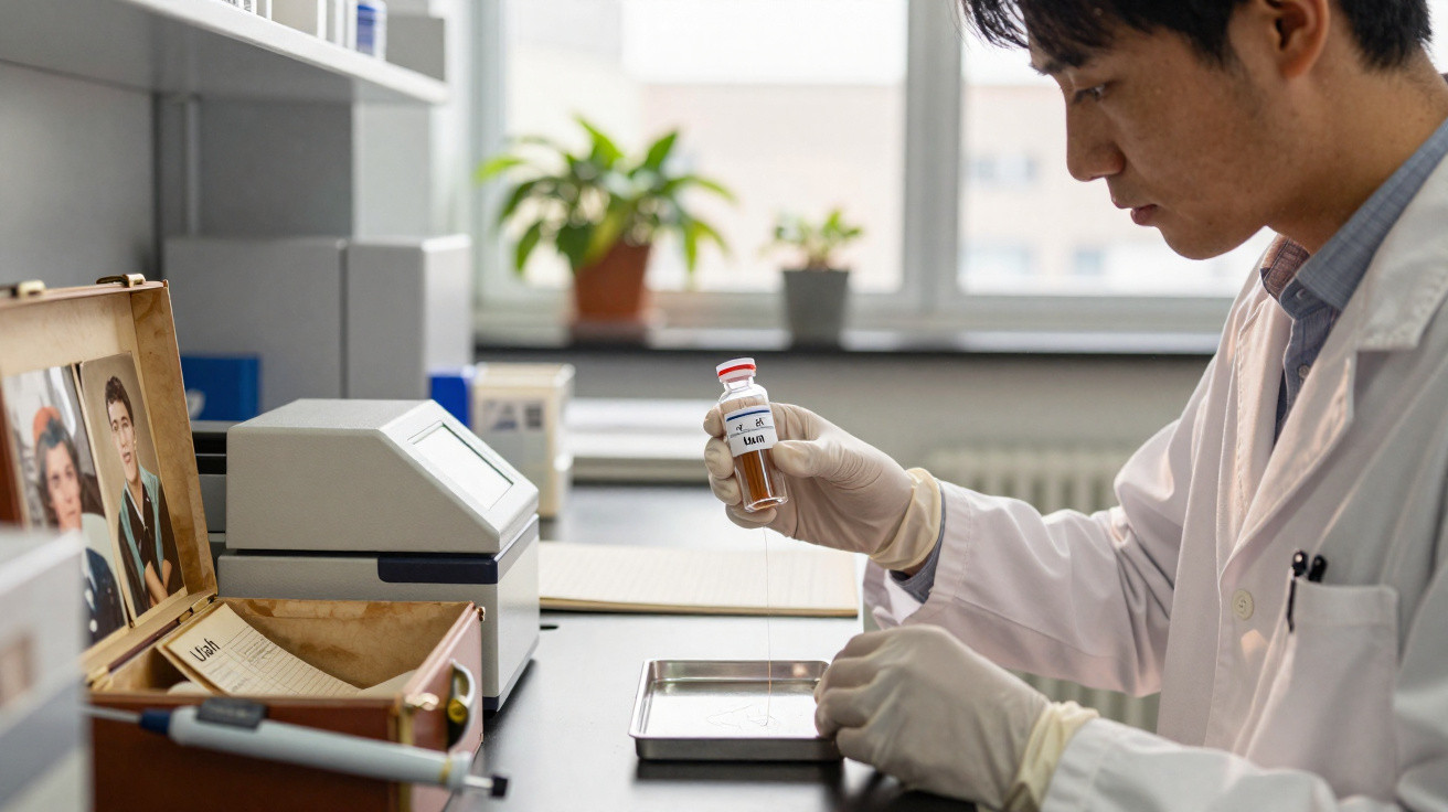 Cientista em laboratório usando luvas segura frasco com líquido para análise em bancada iluminada por janela.