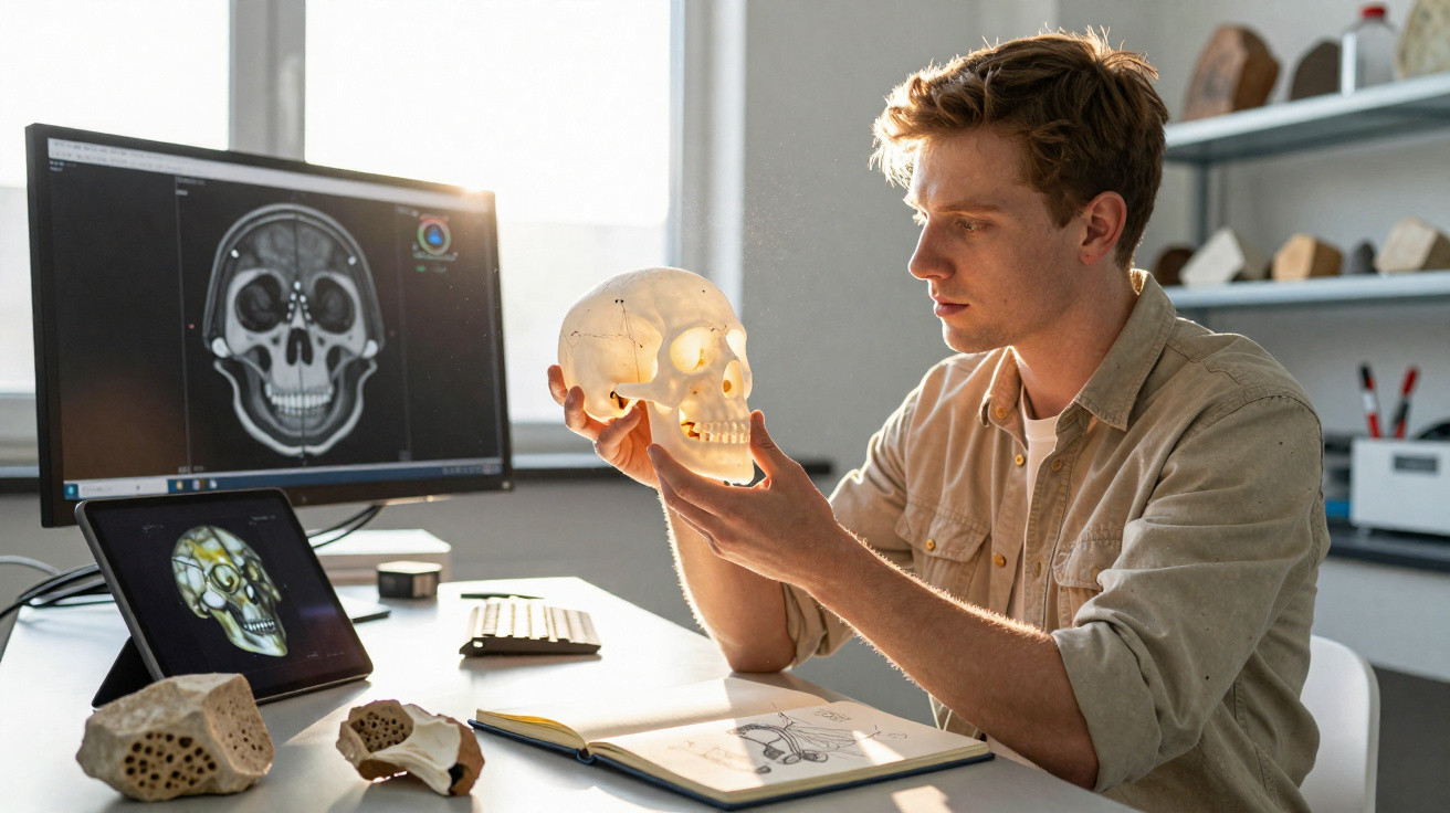 Homem analisando crânio transparente com exames cranianos em telas ao fundo em laboratório.