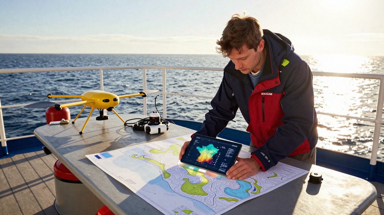 Homem analisa mapa náutico e dados em tablet sobre mesa em barco no mar durante o dia.