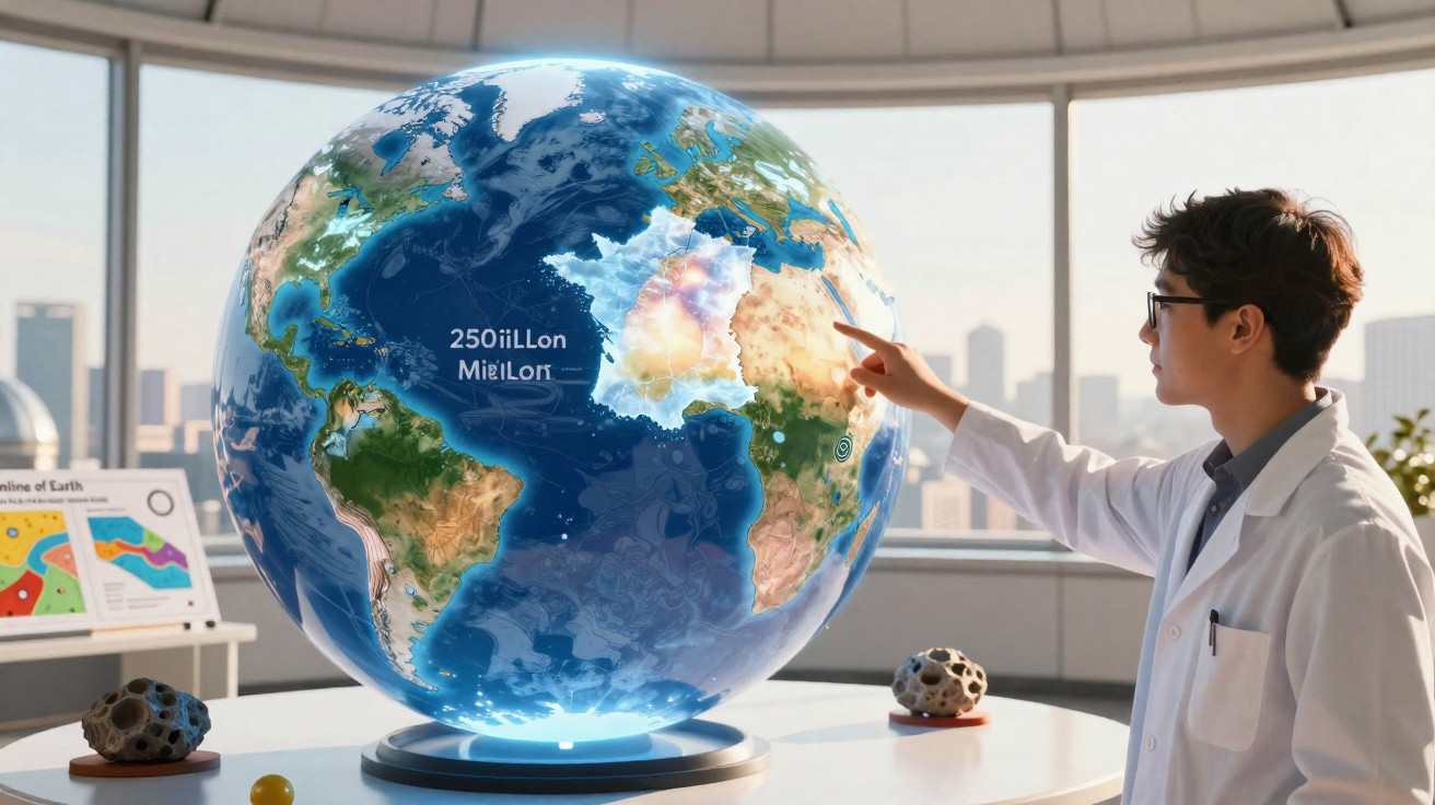 Homem de jaleco interage com globo terrestre digital em laboratório moderno com vista para cidade.