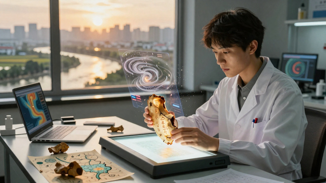 Jovem cientista em laboratório analisa artefato antigo com projeção holográfica de galáxia ao pôr do sol.