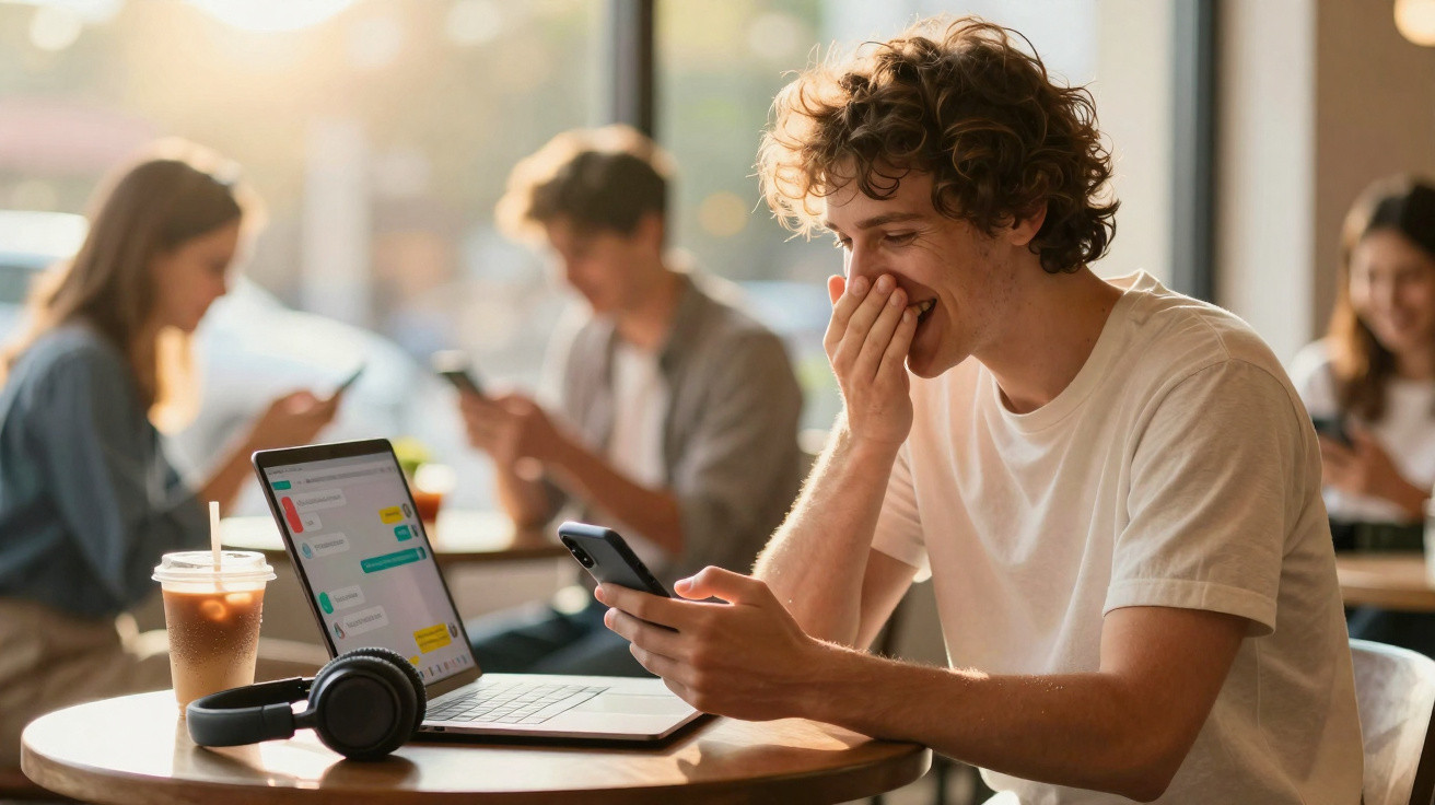 Jovem sorrindo ao ver o celular, sentado em cafeteria com laptop, fone e bebida sobre a mesa.