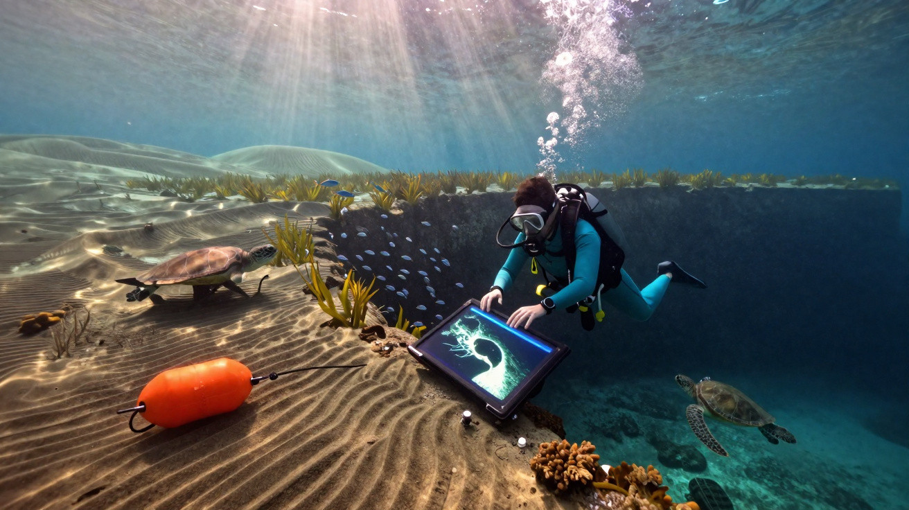 Mergulhador interagindo com painel digital no fundo do mar cercado por tartarugas, peixes e corais.