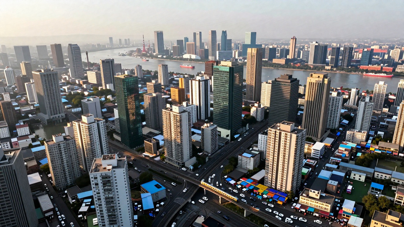 Vista aérea de um centro urbano com edifícios altos, via movimentada e rio ao fundo ao pôr do sol.