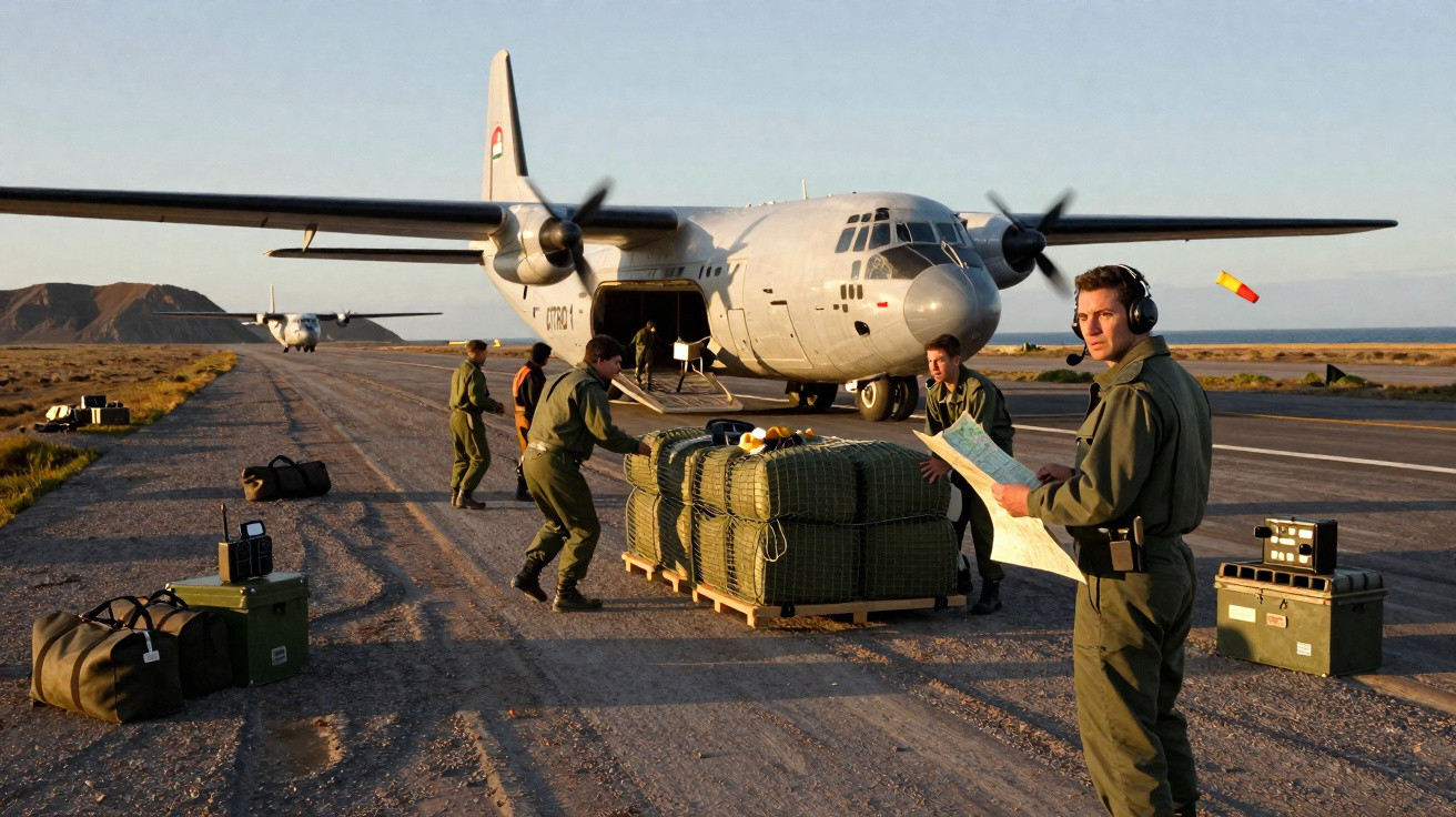 Militares descarregam suprimentos de avião militar em pista isolada ao pôr do sol.