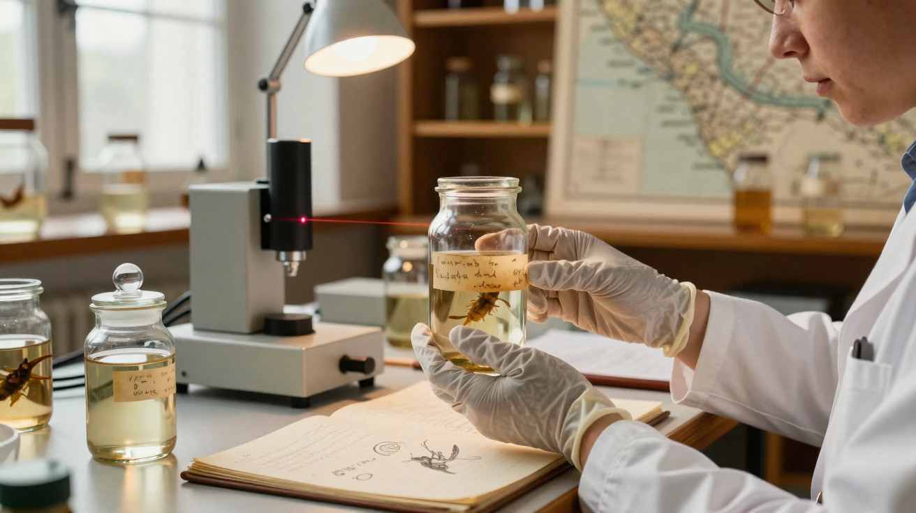 Cientista com luvas segurando vidro com inseto dentro para análise em laboratório.