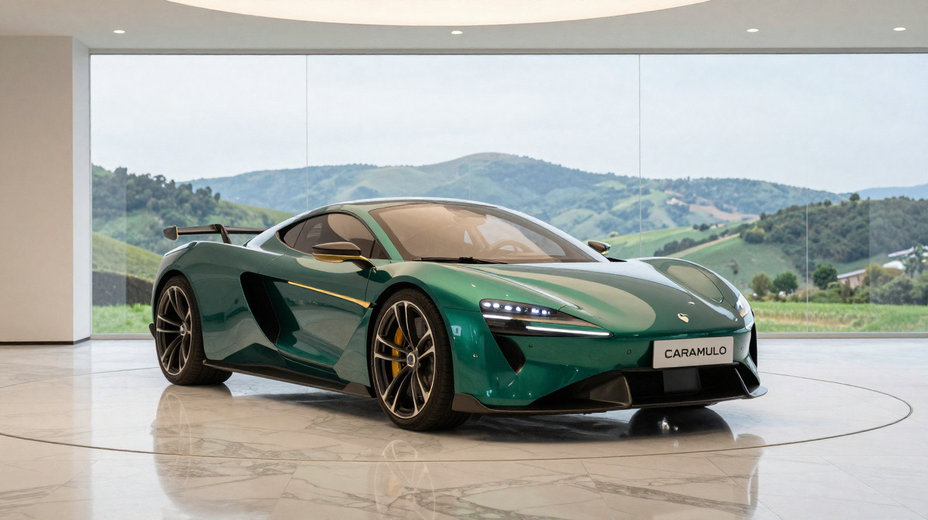 Carro esportivo verde metálico exibido em salão com janela panorâmica e paisagem montanhosa ao fundo.