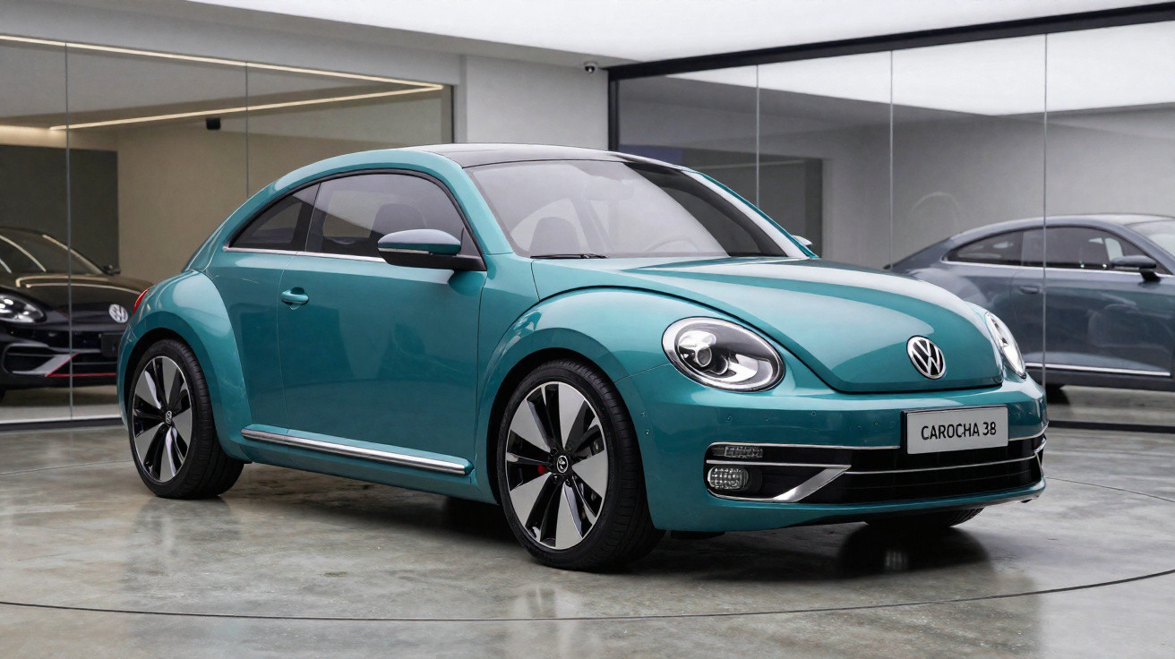 Carro Volkswagen Fusca azul em exposição interna com espelhos refletindo outros veículos.