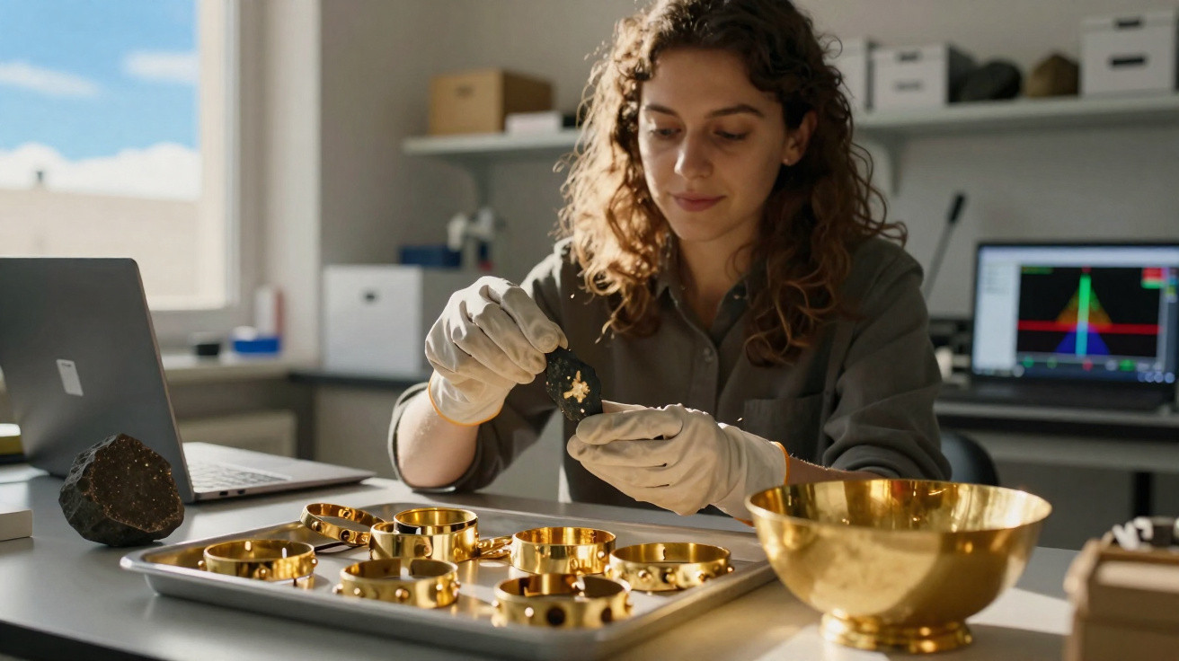 Mulher cientista analisando amostra de rocha em laboratório com equipamentos e joias douradas na mesa.