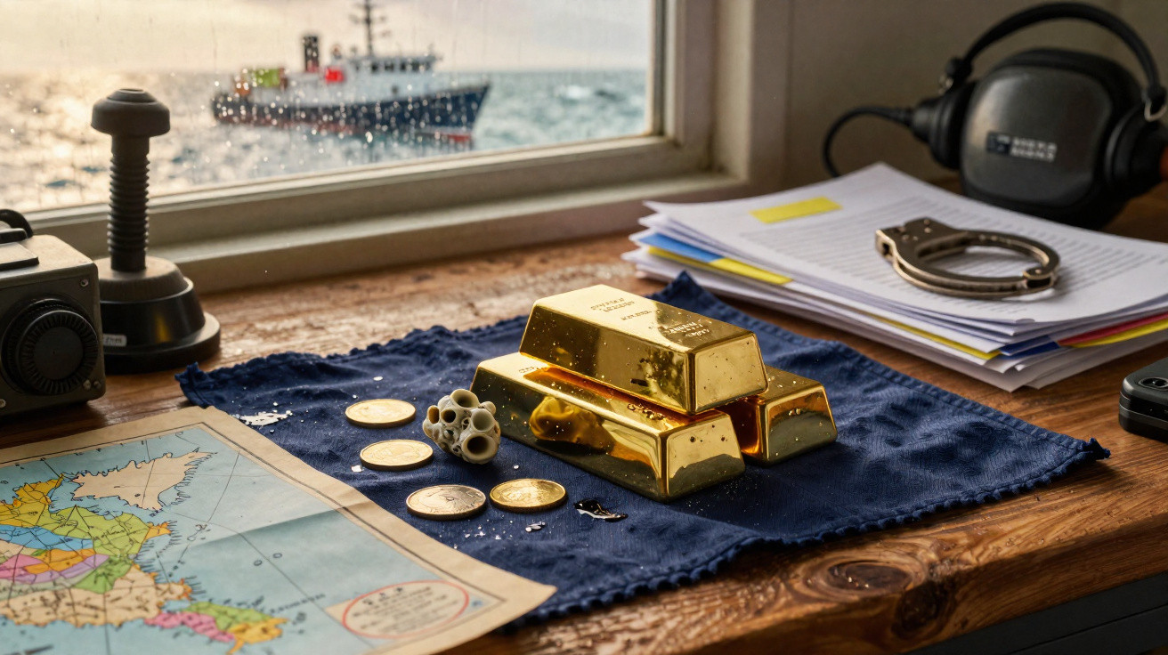 Barras de ouro, moedas, mapa, algema e fones sobre mesa de madeira com janela para o mar e navio ao fundo.