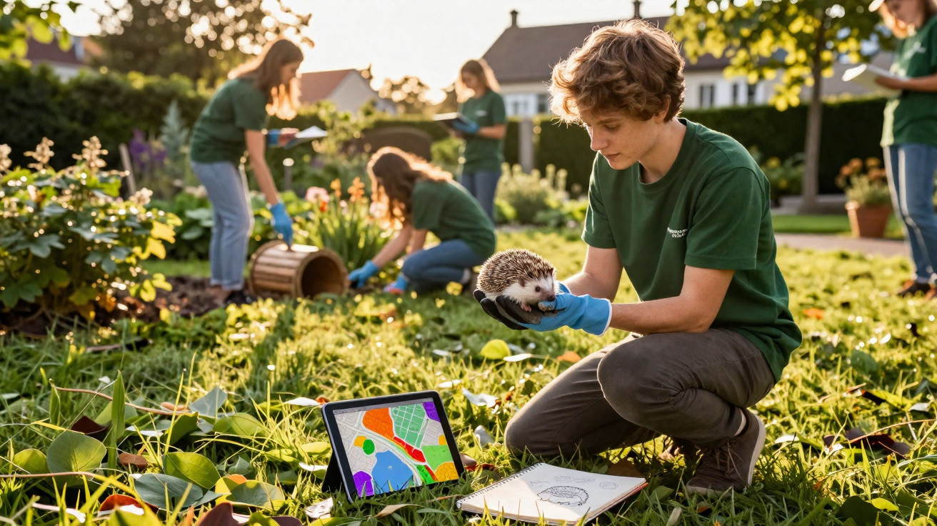 Adolescentes em uniforme verde cuidam do jardim; um deles segura um ouriço-cacheiro com luvas azuis.