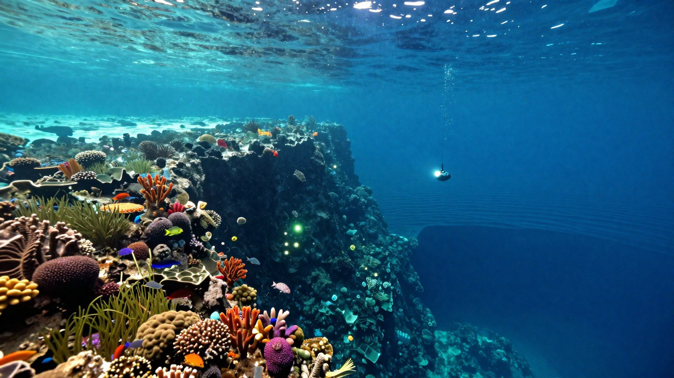 Recife de corais coloridos com diversos peixes e um mergulhador com lanterna submerso no oceano azul.