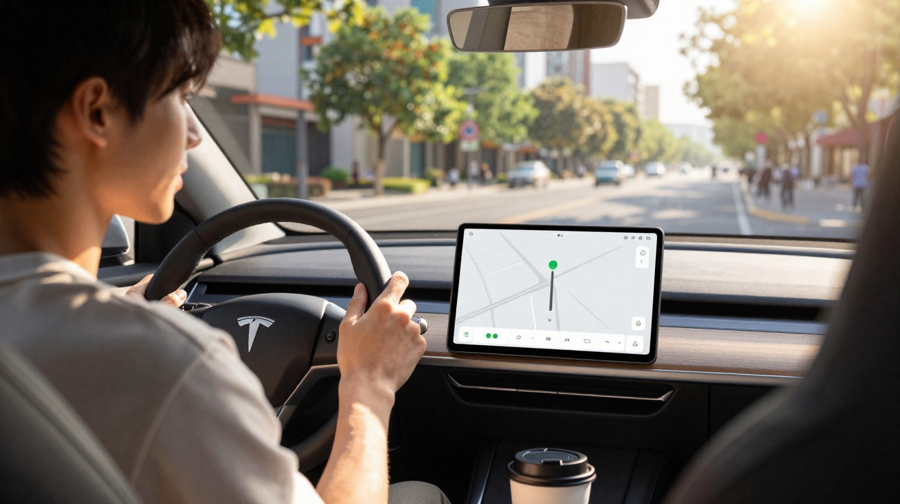 Pessoa dirigindo carro Tesla com GPS na tela central e copo de café no console.
