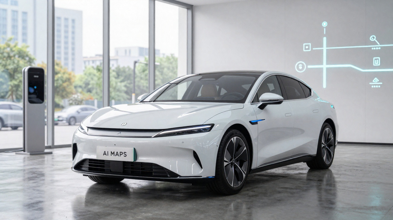 Carro elétrico branco moderno estacionado em showroom com vidro e painel digital ao fundo.
