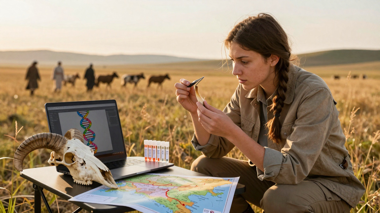 Jovem pesquisadora analisa amostra de planta ao ar livre com mapas, laptop e crânio em mesa.