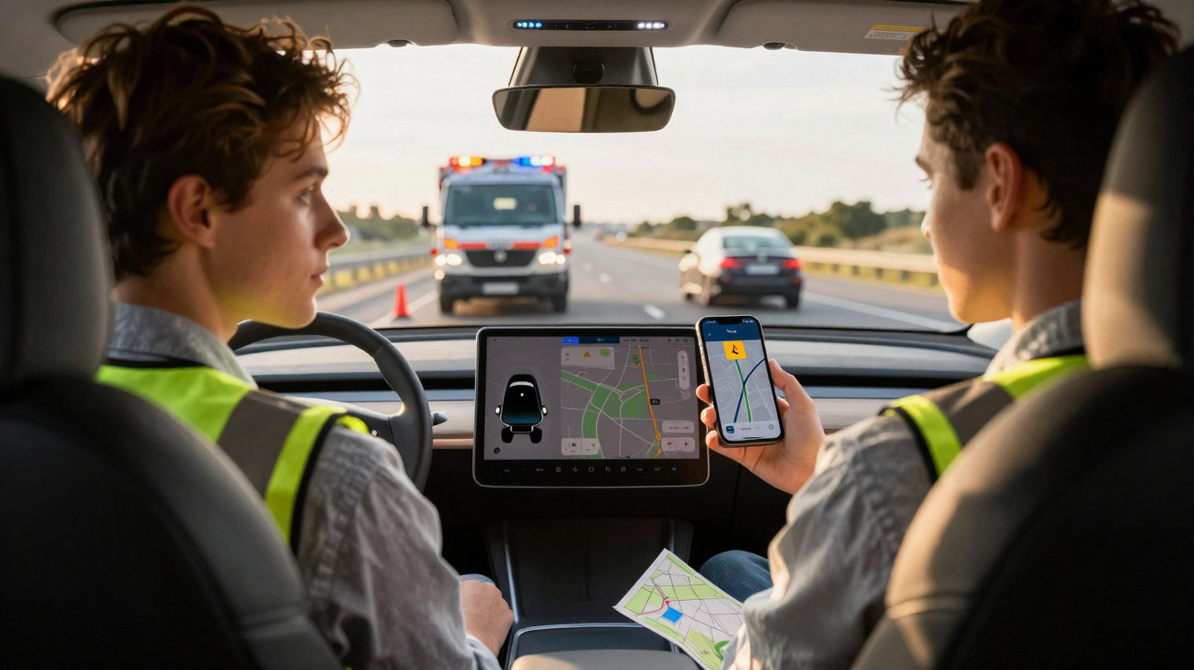 Dois homens com coletes refletores dentro de carro com GPS, olhando para uma ambulância à frente na estrada.