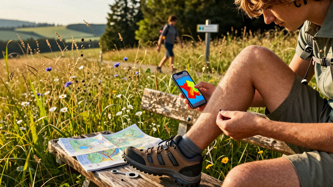 Pessoa sentada em banco de madeira ao ar livre, segurando celular com mapa de calor, com mapa impresso ao lado.