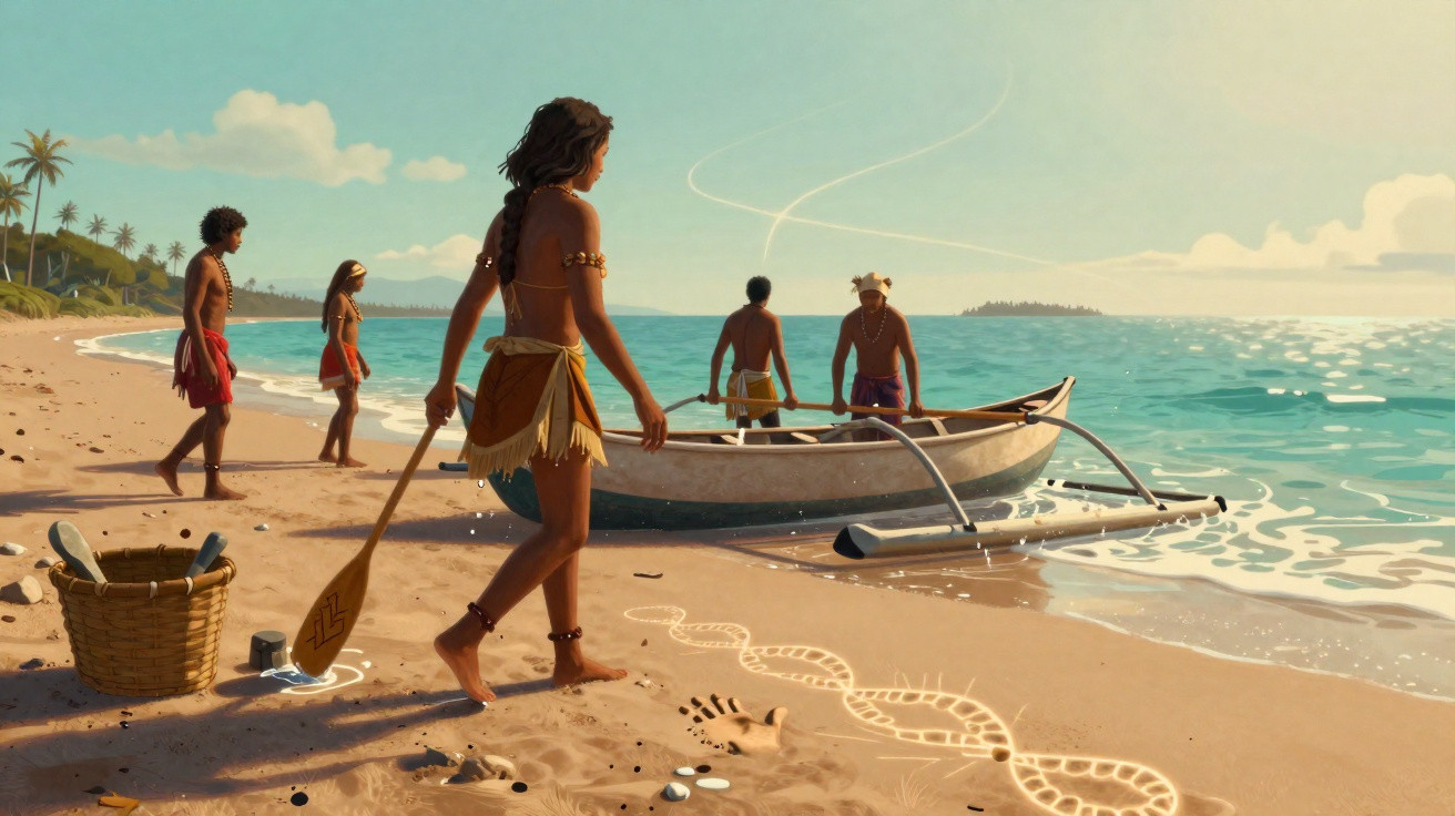 Pessoas indígenas na praia ao lado de canoa, com pegadas e desenho de DNA na areia.