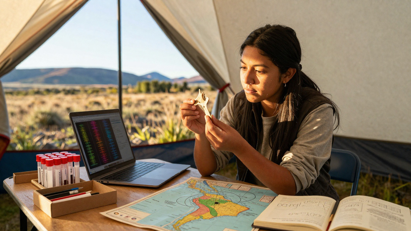 Mulher examina fóssil em acampamento, com mapa, laptop e tubos de coleta em mesa.