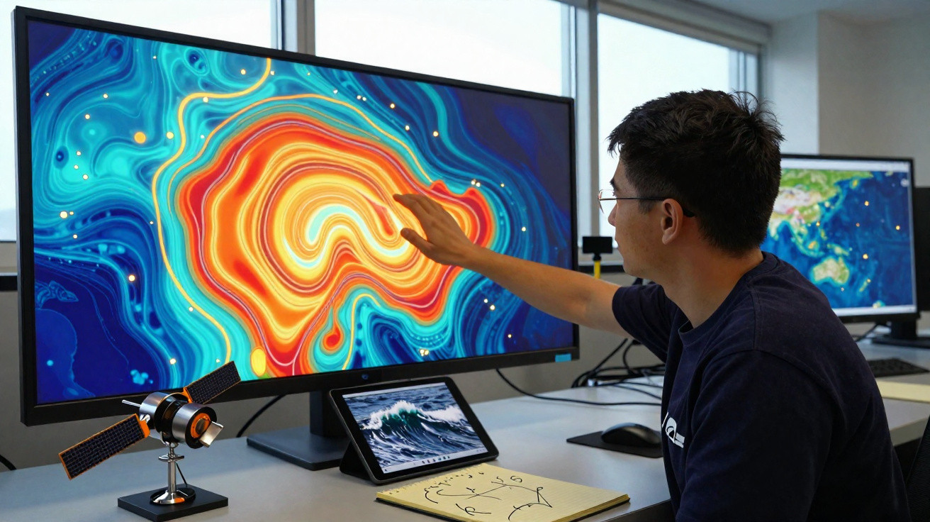 Pessoa analisa imagem colorida de dados geográficos em monitor, com tablet, maquete de satélite e caderno na mesa.