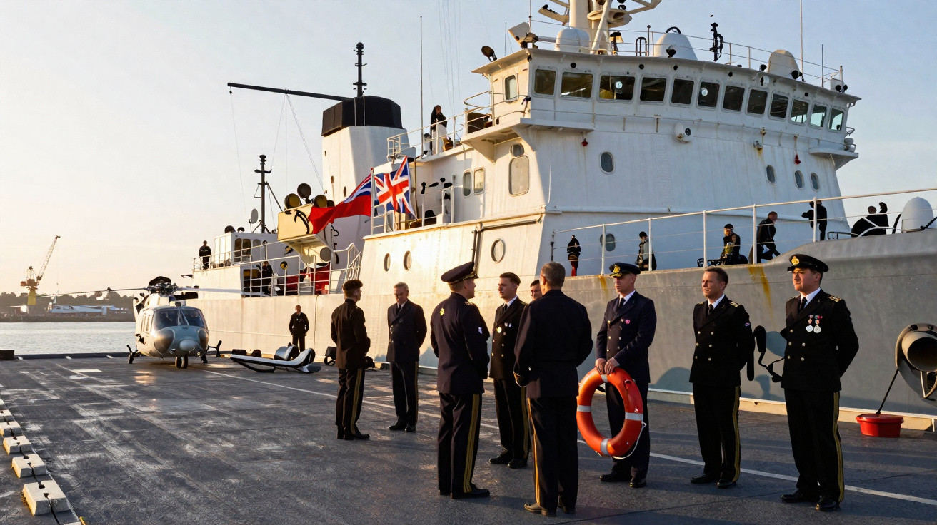 Oficiais navais em uniforme reunidos no convés de um navio militar ao pôr do sol, com helicóptero ao fundo.