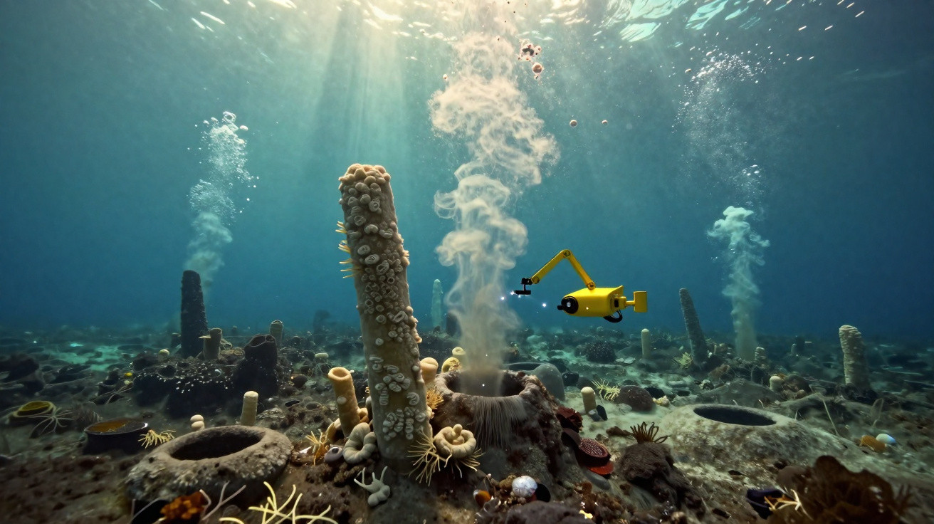 Veículo subaquático amarelo explorando fundo marinho com gêiseres e formações de corais diversos.