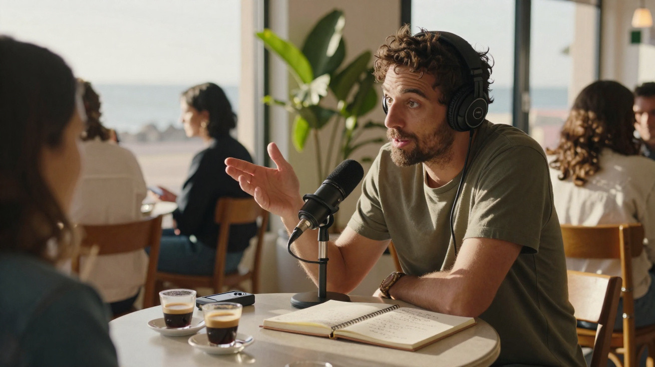 Homem com fones de ouvido grava podcast em café, com microfone, caderno aberto e duas xícaras de café na mesa.