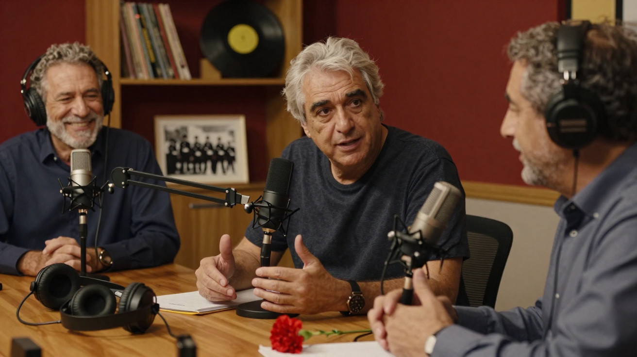 Três homens conversando em estúdio de rádio com microfones e fones de ouvido, um segurando um cravo vermelho.