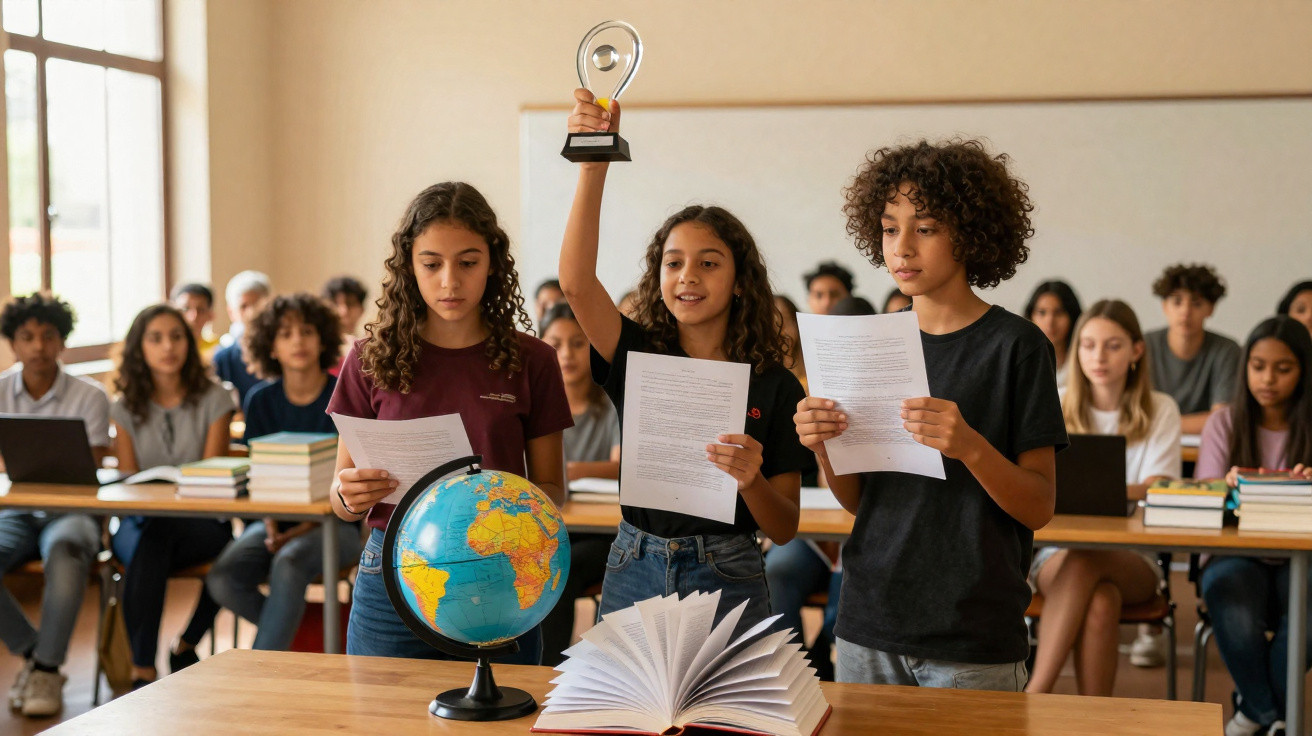 Três estudantes apresentam projeto com globo e livro aberto, turma atenta ao fundo em sala de aula.