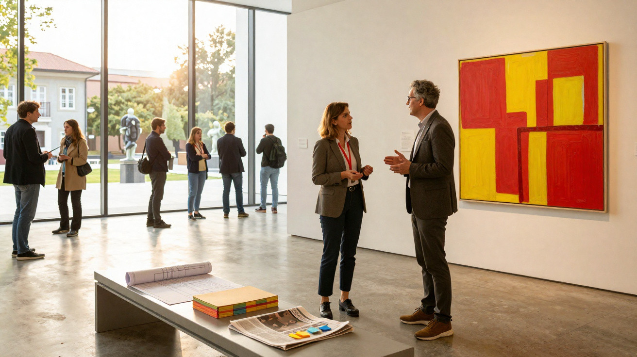 Pessoas conversando e observando obras de arte em uma galeria com parede branca e janela grande.