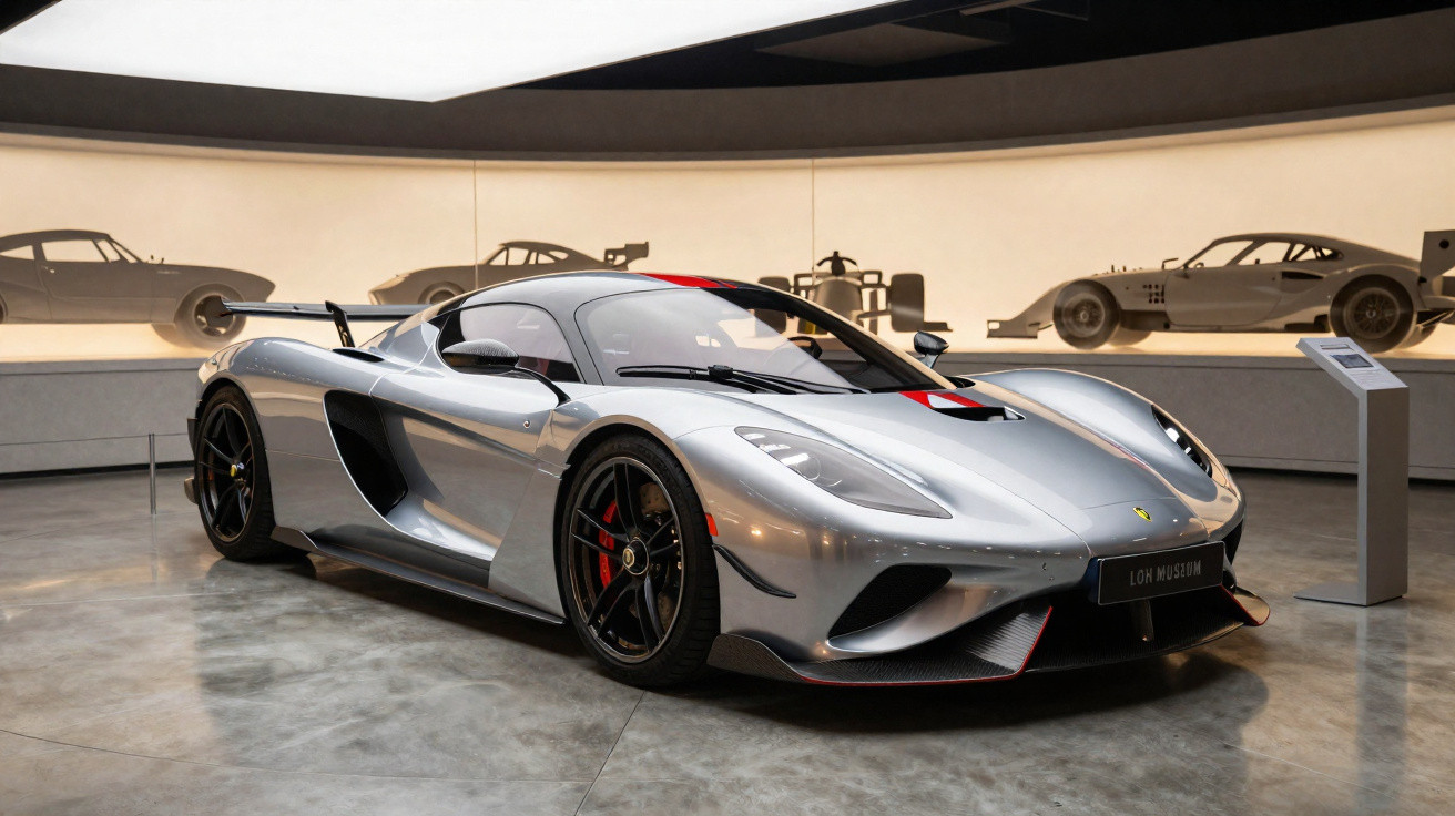 Carro esportivo prata com detalhes vermelhos exibido em museu com modelos de carros ao fundo.