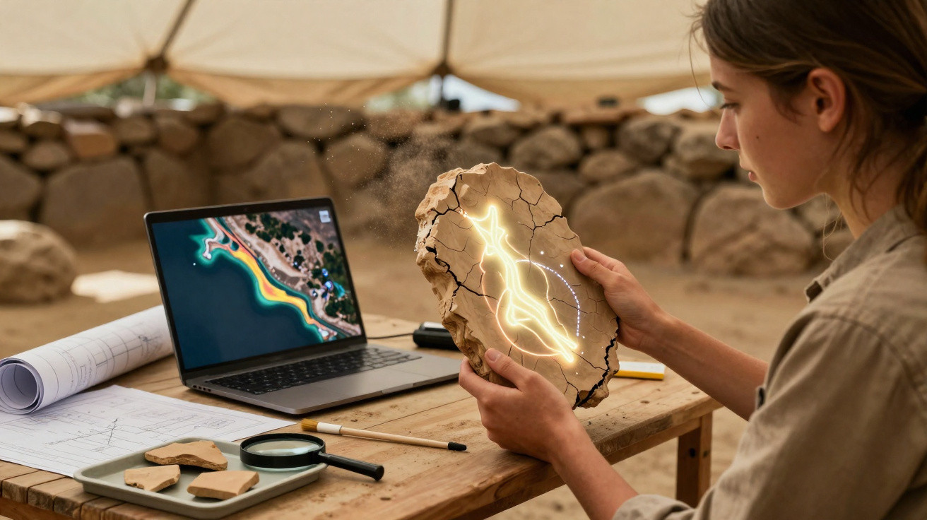 Mulher analisa fragmento de cerâmica com projeção digital em mesa com laptop, lupa e plantas arqueológicas.