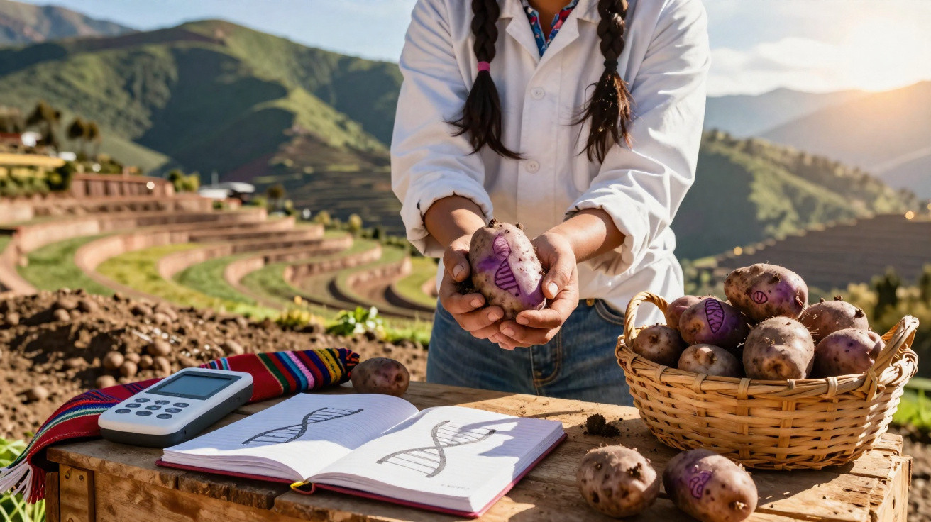 Pessoa com jaleco branco segurando batatas roxas marcadas com símbolo de DNA em área rural montanhosa.