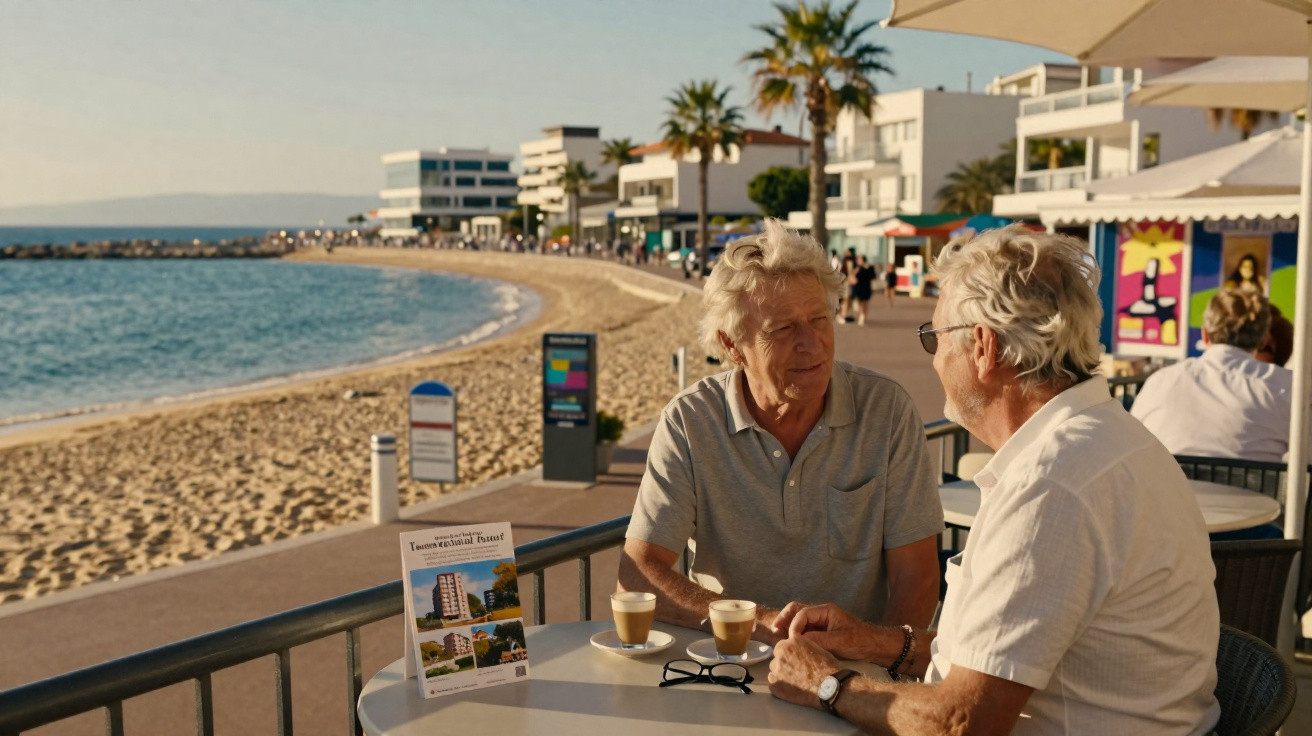 Dois homens idosos conversam em mesa de café ao ar livre, com vista para praia e mar ao fundo.
