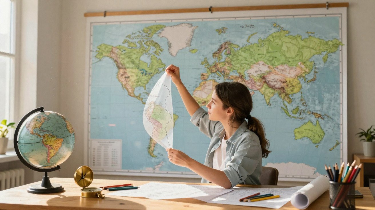 Garota estudando mapas do mundo em sala com mapa-múndi na parede e globo terrestre na mesa.