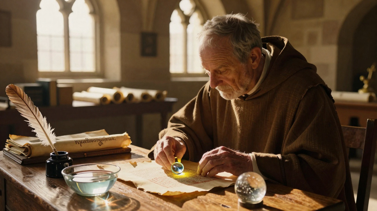 Homem idoso com hábito marrom estuda manuscrito antigo usando lente de aumento em sala iluminada por janelas góticas.