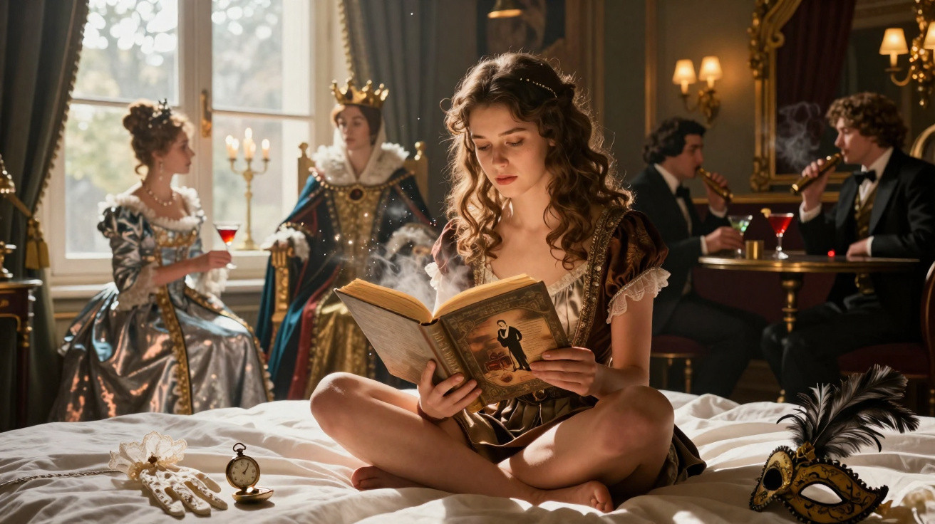 Jovem lendo livro mágico em quarto luxuoso, com pessoas vestidas à moda renascentista ao fundo.