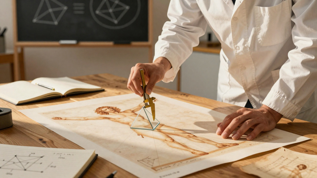 Pessoa com jaleco branco utilizando compasso sobre desenho do Homem Vitruviano em mesa de madeira.
