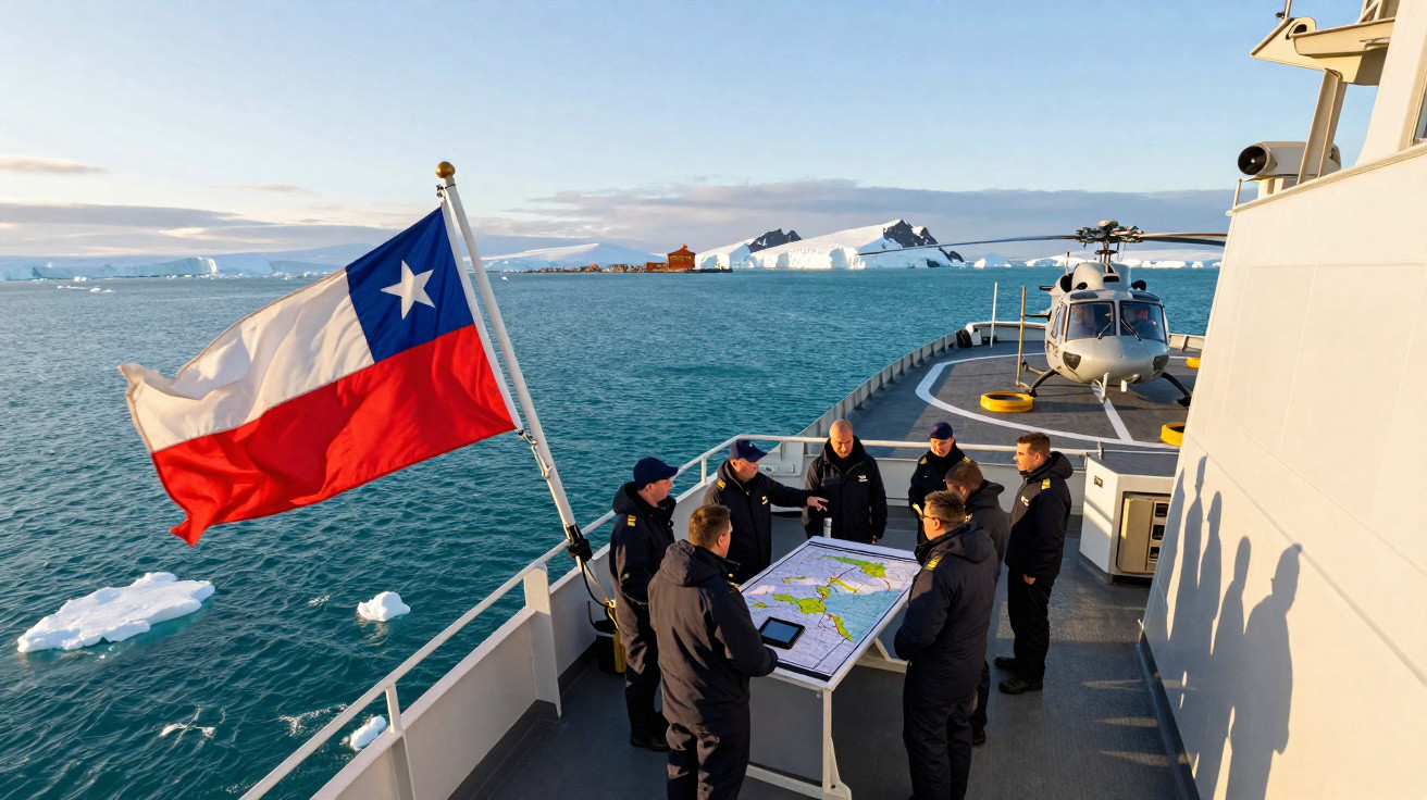 Equipe naval no convés de navio com bandeira do Chile, mapa, helicóptero e icebergues ao fundo.