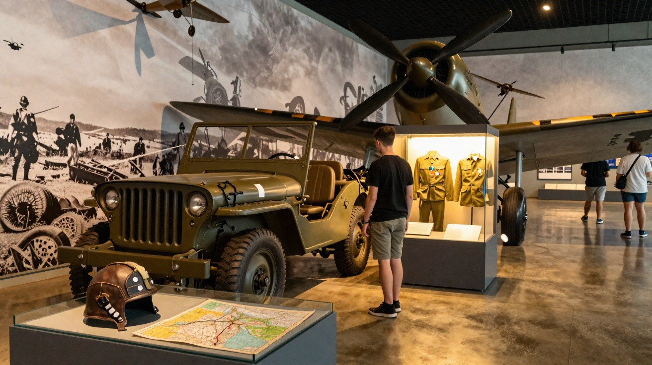 Visitante observa veículo militar, avião e exposições de uniformes em museu de história militar.